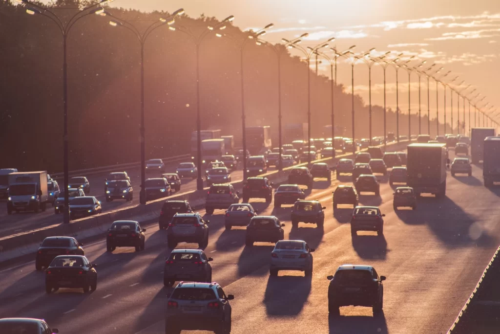 Rush hour traffic in a haze of smog