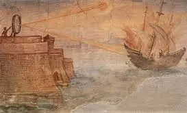 An ancient painting of a warrior in a castle using Archimedes' Death Ray - a mirror to concentrate the sun's rays and light the enemy ship on fire.