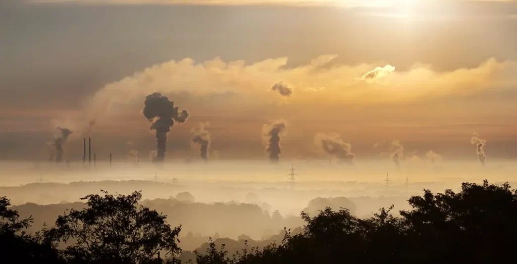 A city full of smokestacks and air pollution that causes global warming