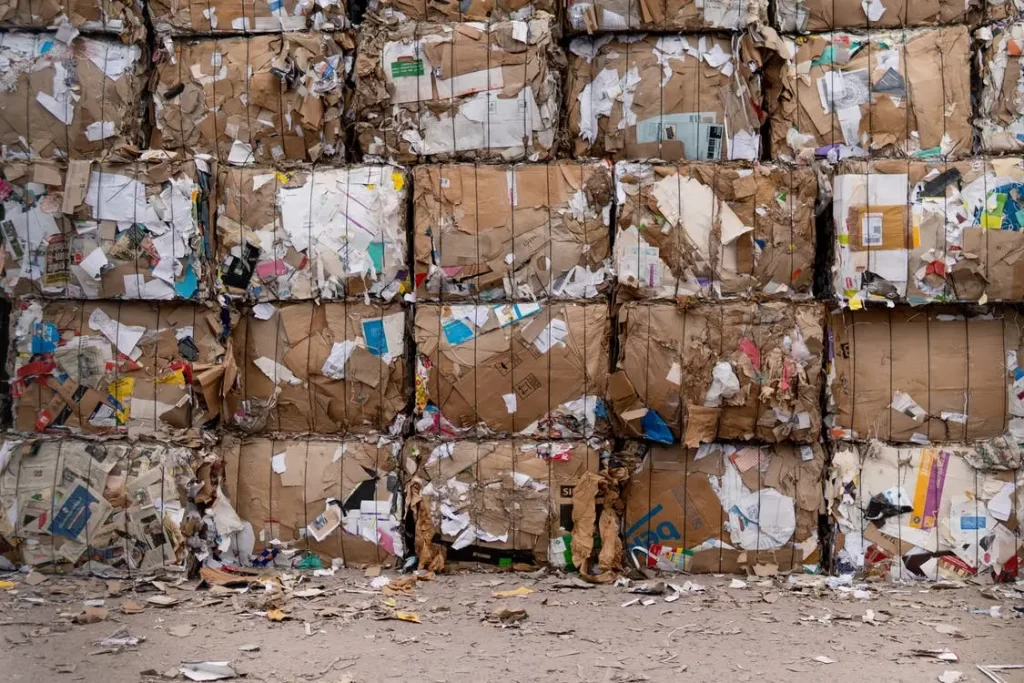 Bales of recyclable paper waiting to be processed into new paper products.