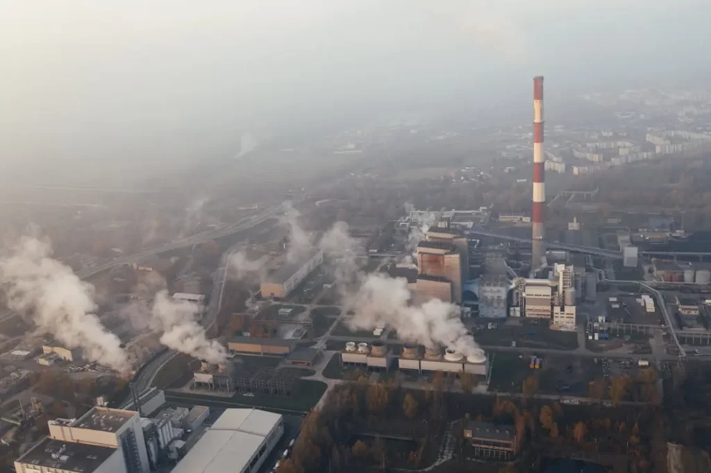 Industrial area with smoke and air pollution 