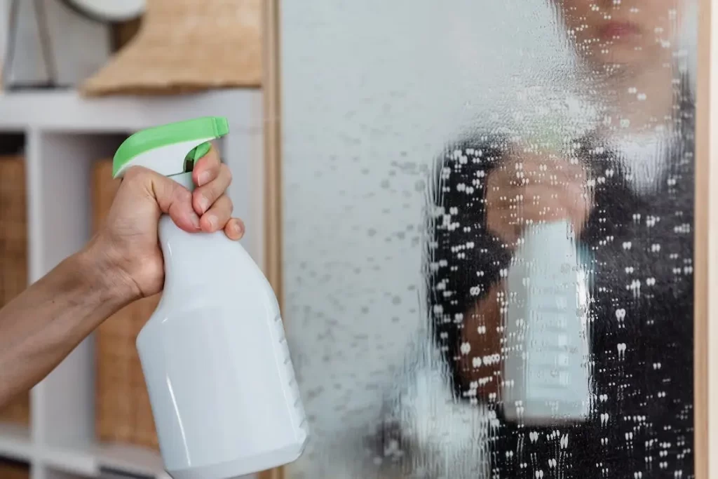 Person spraying a household cleaner that contributes to indoor chemical air pollution.