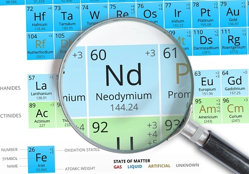 Neodymium, on the periodic table of the elements, a rare earth metal that can be recycled.