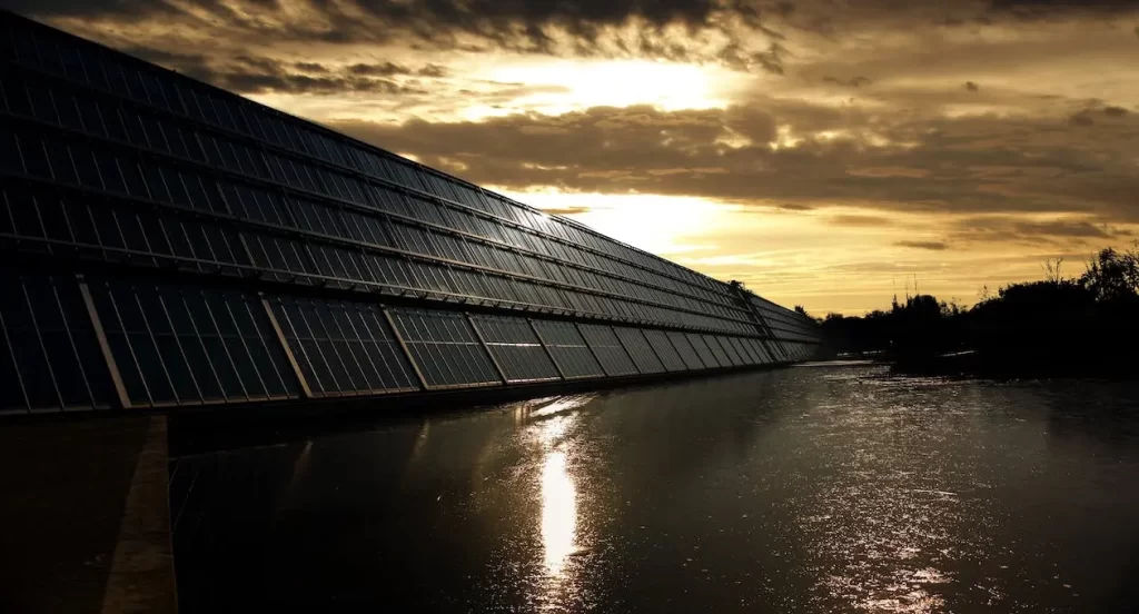 A massive solar array in a body of water that could be introducing pollutants into the water.
