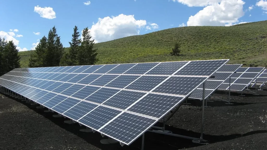 Solar panels in a medium-sized array to power a rural home.