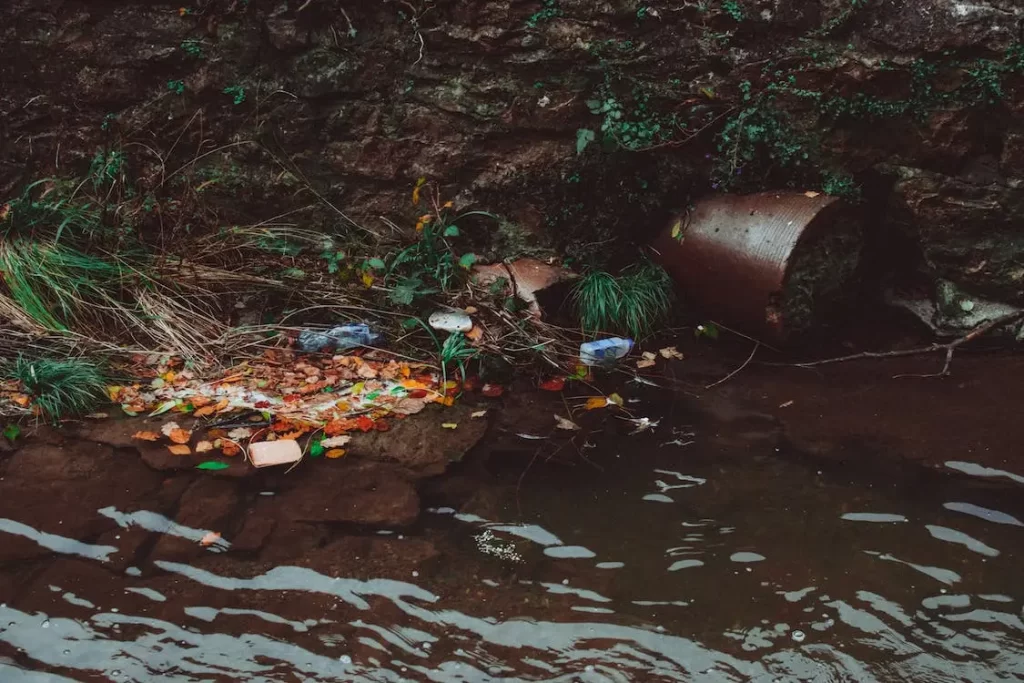 A stream with garbage in it showing Water pollution