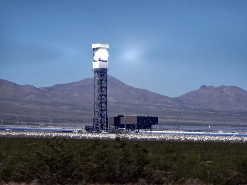 A solar flare next to the Ivanpah Solar Concentrator boiler surrounded by parabolic mirrors with mountains in the distance.