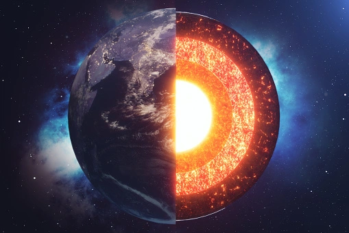 A model of the earth with a quadrant removed to show the molten core.