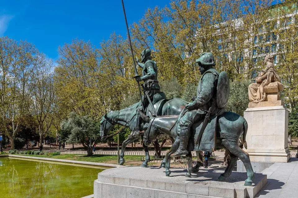 Brass sculptures of Don Quixote and Sancho in Madrid, Spain.