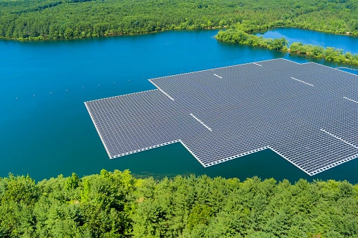 A floating solar array provides energy to neighboring homes without taking up any space on land.