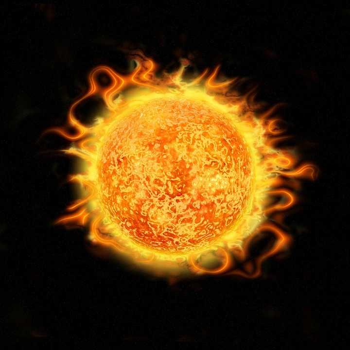 Fiery sun burning in space thanks to nuclear fusion happening in the sun's core.