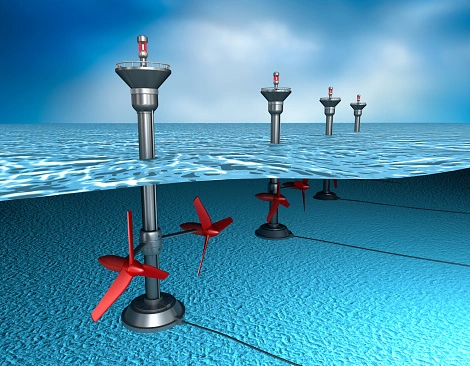 Tidal generators anchored to the seabed with turbines below the sea surface to generate electricity.